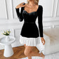 French Elegant Classic Black And White Contrast Color Peach Collar Velvet Dress