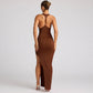 Robe fendue dos nu à col pile pour femme, couleur unie
