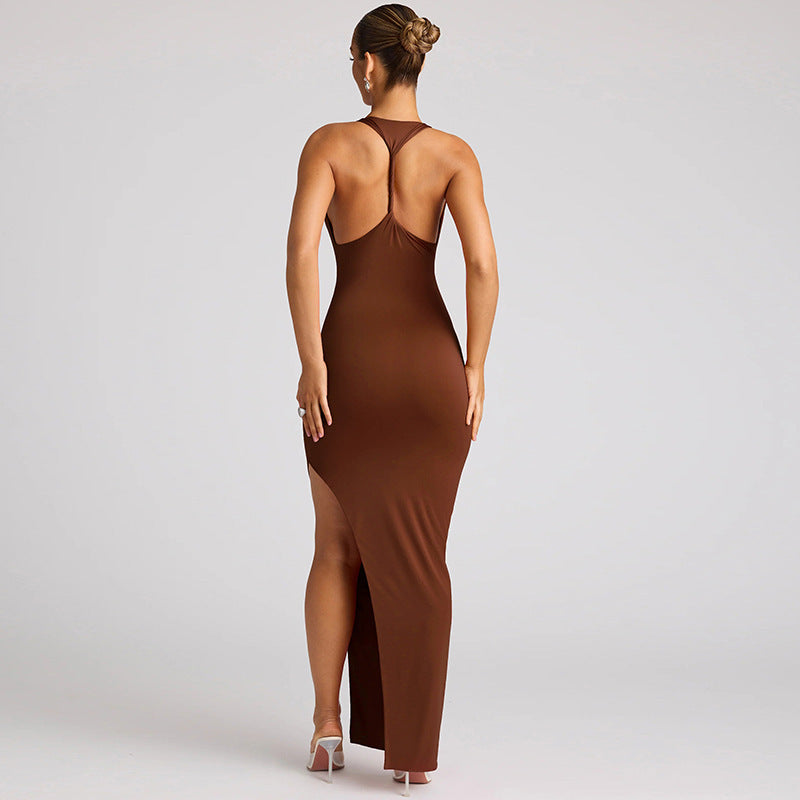 Robe fendue dos nu à col pile pour femme, couleur unie