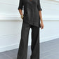 Casual Cotton-Linen Solid-Color Mid-Sleeve V-Neck Top And Straight-Cut Casual Pants Set