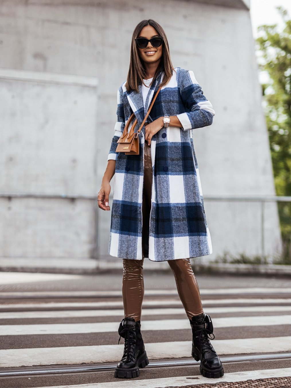Manteau mi-long en laine brossée à carreaux, tendance automne-hiver européenne et américaine