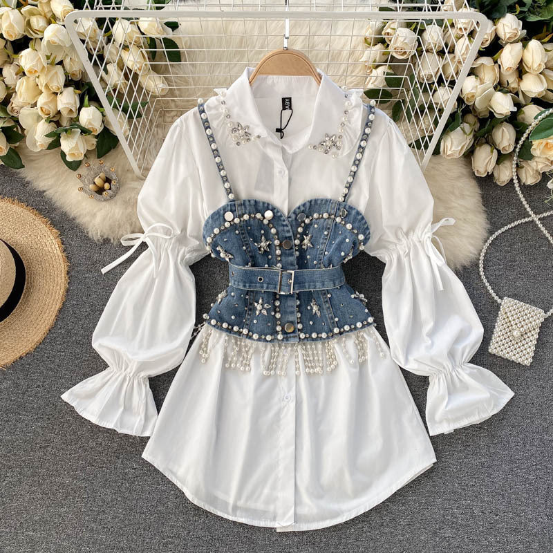 Ensemble deux pièces chemise à manches bouffantes et haut à pompons et perles