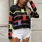 Round Neck Color Blocked Loose Fitting Pullover Long Sleeved Sweater