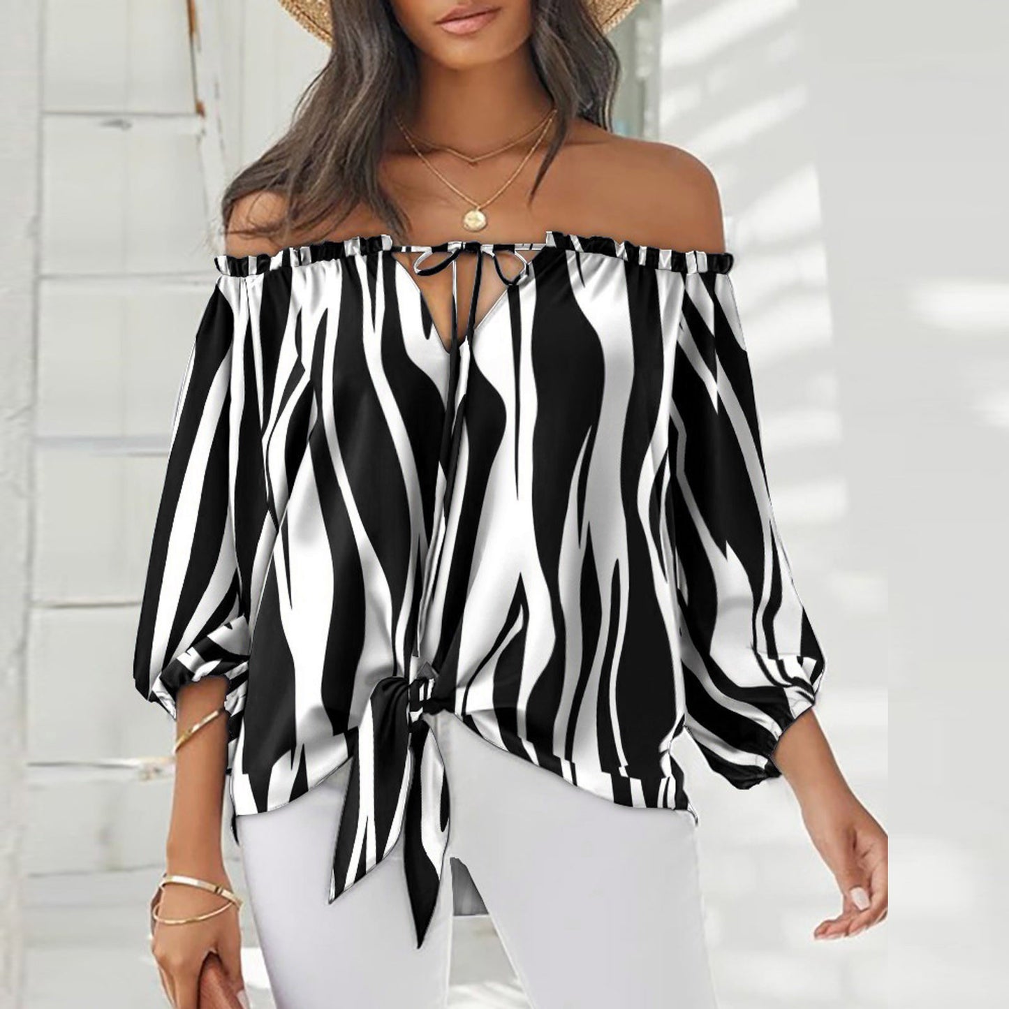 Striped Off-the-shoulder Chiffon Shirt Women's Long Sleeve