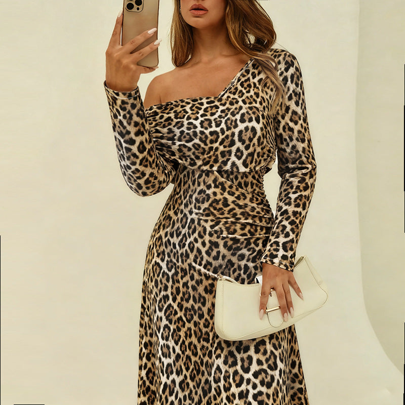 New Square Neck Leopard Print Elegant Slim-fit Dress