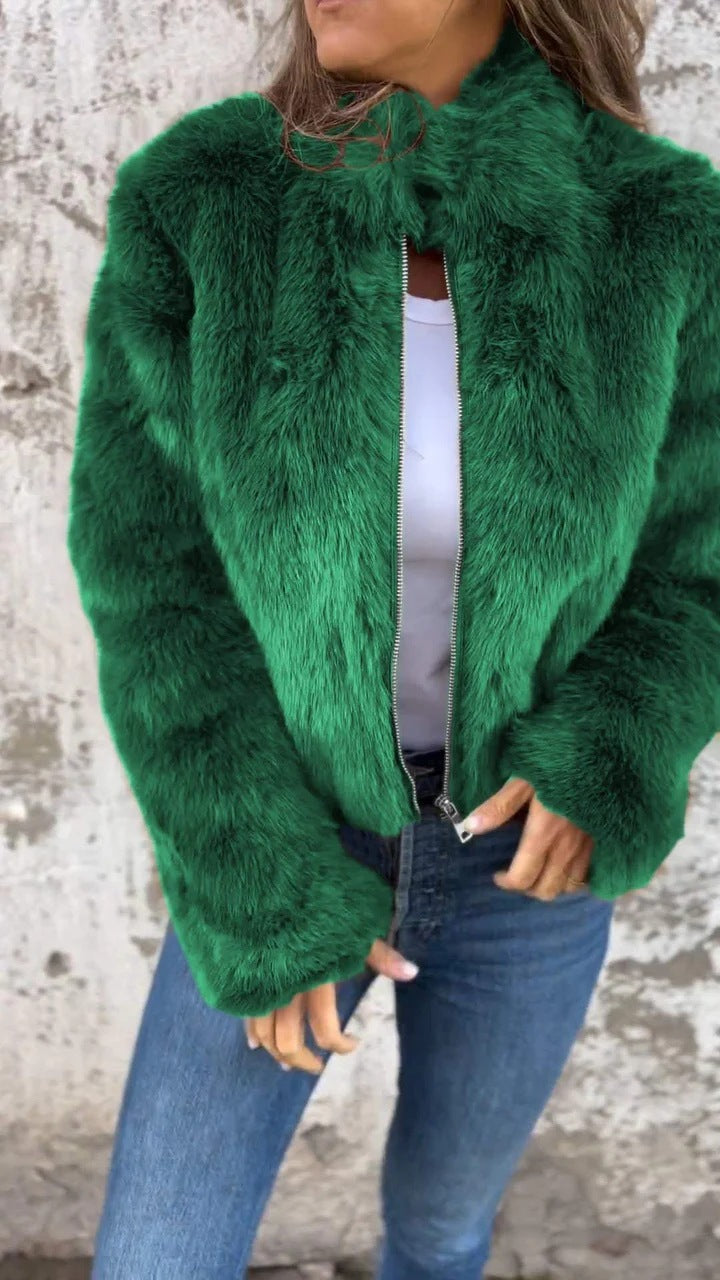 Veste en peluche à col montant tendance pour femme, manteau d'hiver décontracté à col roulé et fermeture éclair, polaire