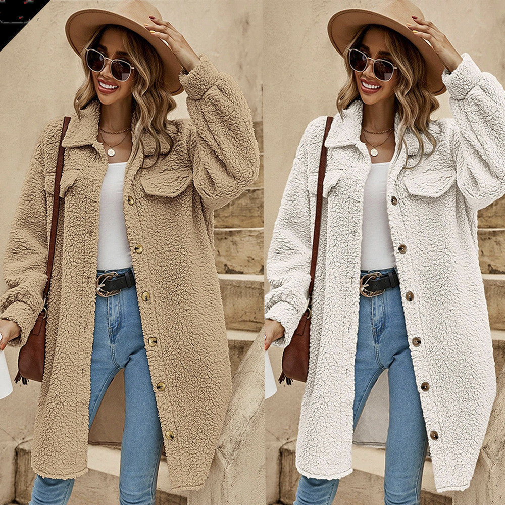 New European And American Winter Open Button Lapel Plush Coat Loose Long-cut Coat Women