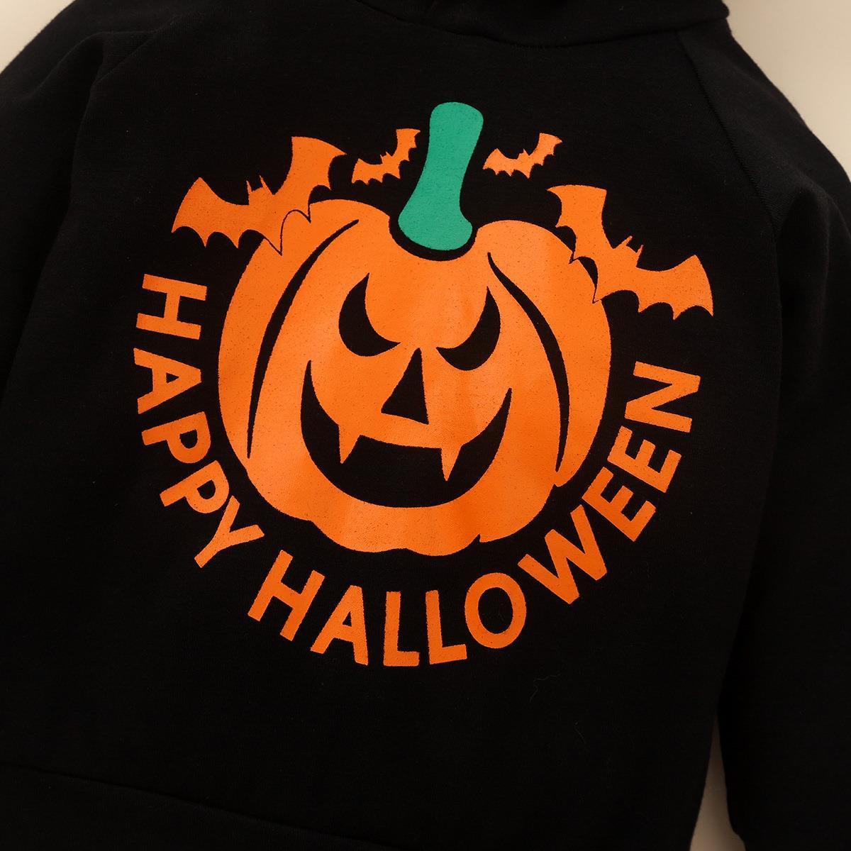 Boys Fashion Pumpkin Letters Printed Hooded Sweatshirt Pants Set