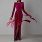Robe plissée en velours Zou à col rond pour femme, robe moulante fendue