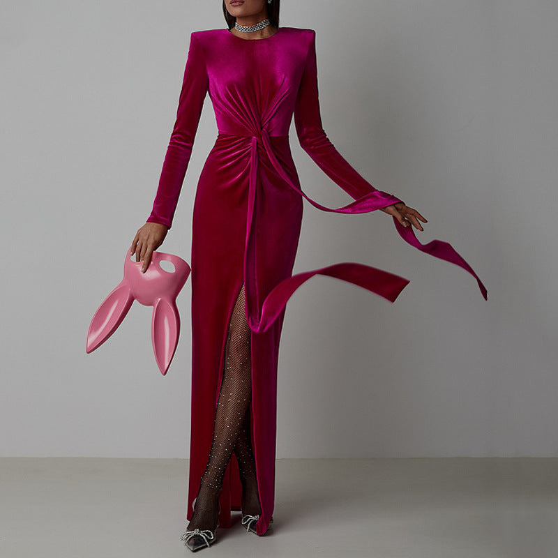 Robe plissée en velours Zou à col rond pour femme, robe moulante fendue