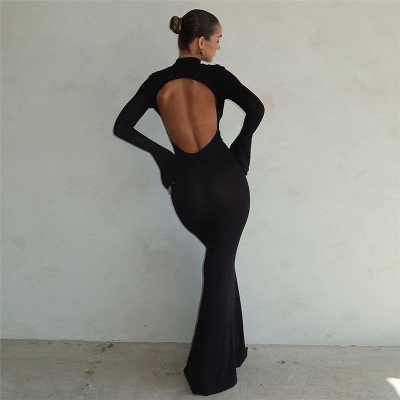Women's Fashion Round Neck Long Sleeve Backless Slim Fit Dress