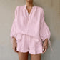 Fashion Cotton And Linen Solid Color Loose V-neck Lantern Sleeve Shorts Two-piece Set