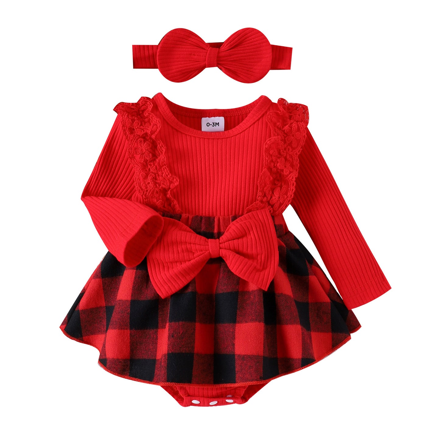 Ensemble de pyjama de Noël pour bébé fille, motif triangle à rayures et dentelle épissée