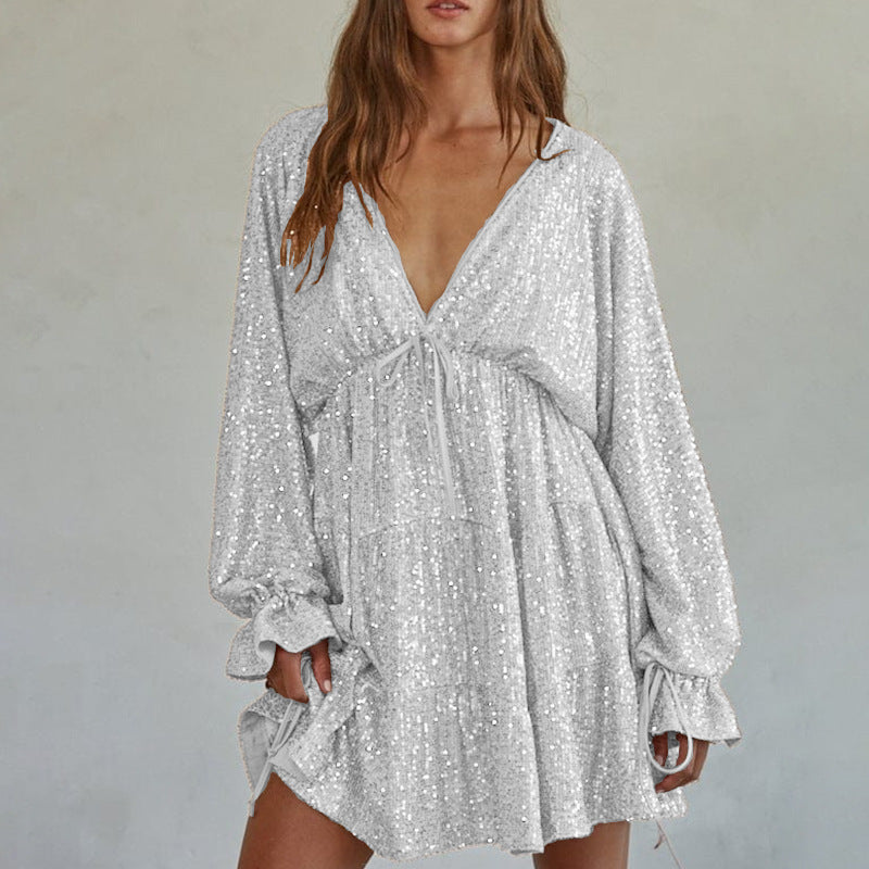 Robe drapée à lacets et col en V à paillettes pour femme
