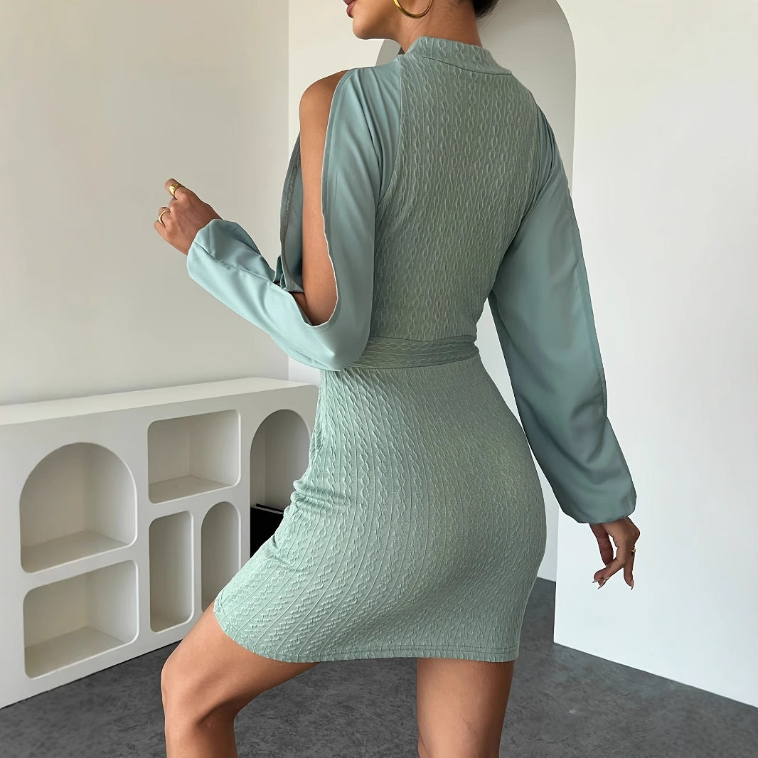 Hollow-Out Polyester-Ammonia Diamond Cable-Knit Jacquard One-Piece Dress