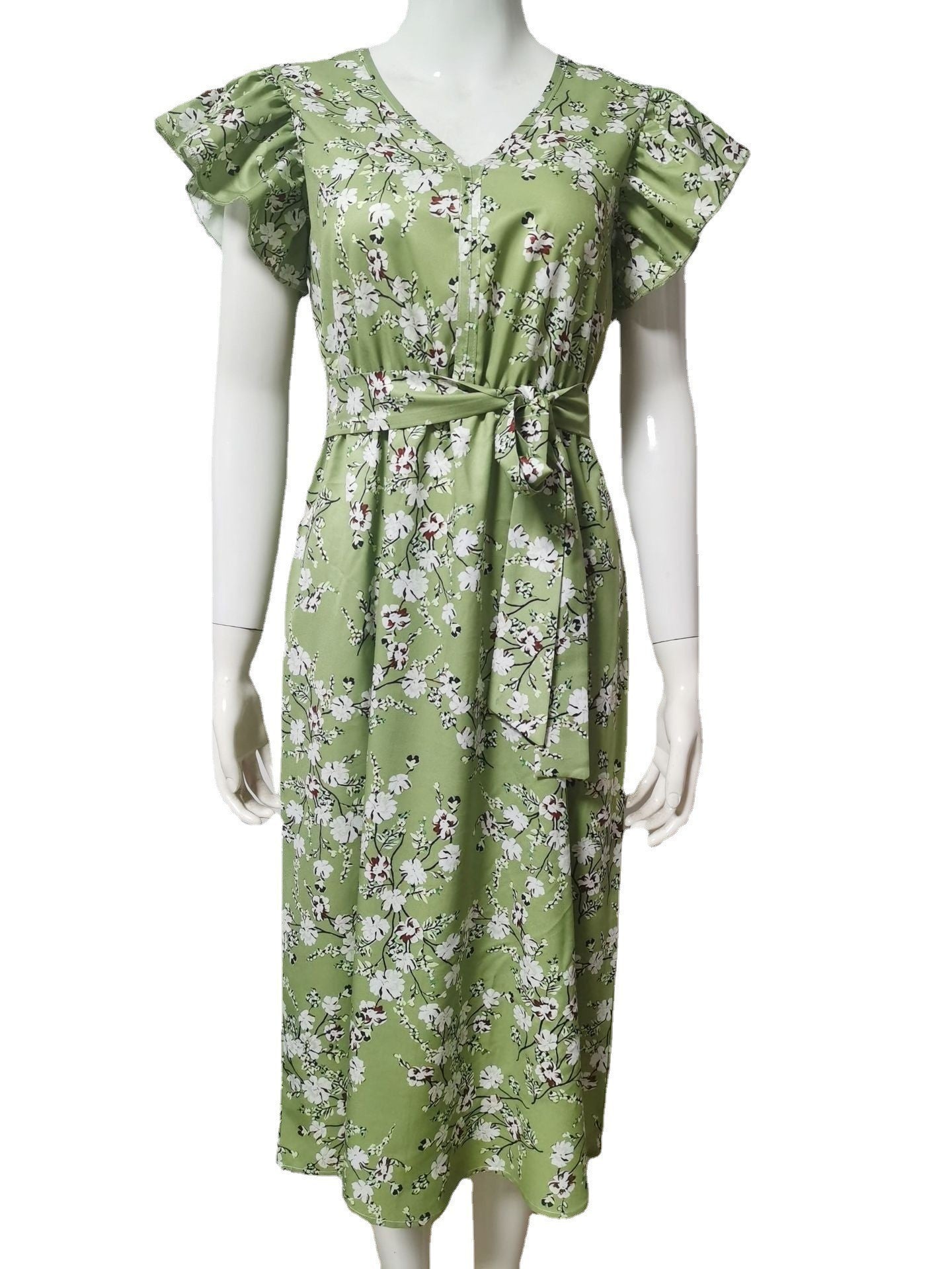 Robe d'été slim à manches en feuille de lotus et col en V