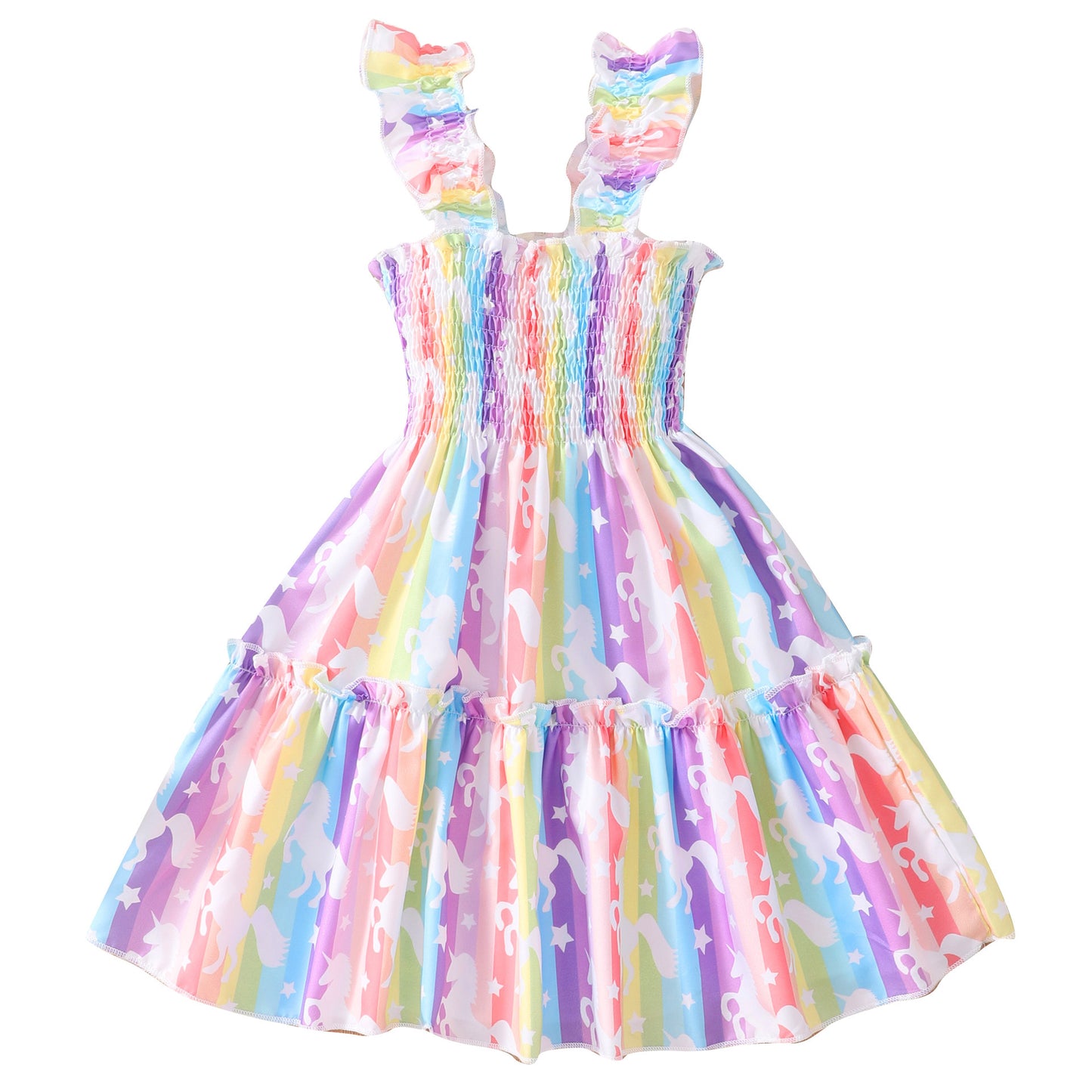 Children Sleeveless Smocking Leopard Print Butterfly Rainbow Multicolor Printed Dress
