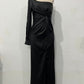 Diagonal Collar Raglan Sleeve Pleated Waist Tight Split Long Dress