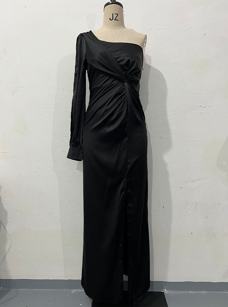 Diagonal Collar Raglan Sleeve Pleated Waist Tight Split Long Dress