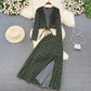 European And American-style Long-sleeve Deep V-neck Tie-up Top Two-piece Set