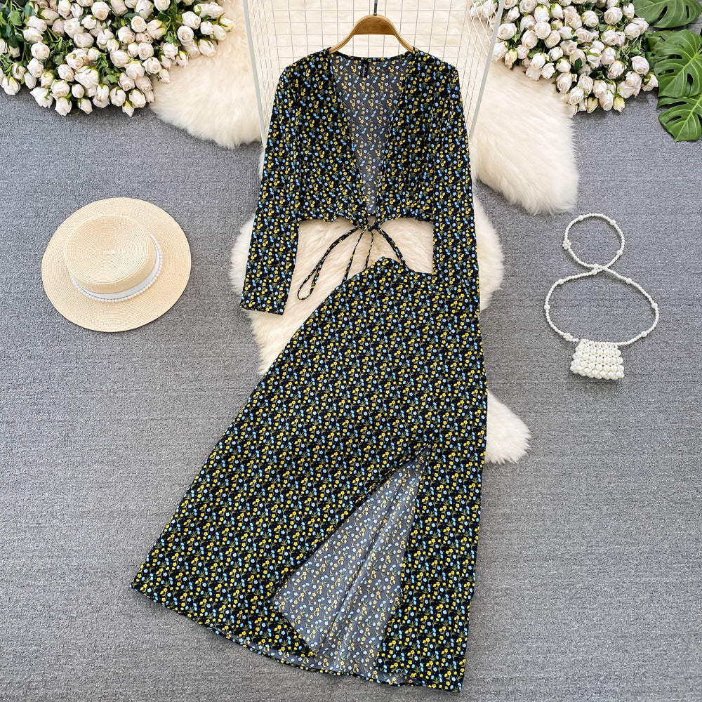 European And American-style Long-sleeve Deep V-neck Tie-up Top Two-piece Set