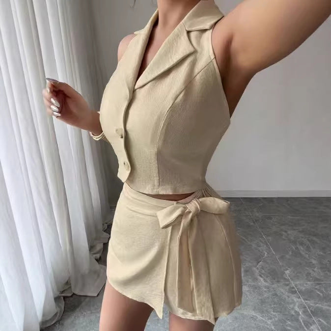 Fitted-waist Elegant Sleeveless Womens Two-piece Set