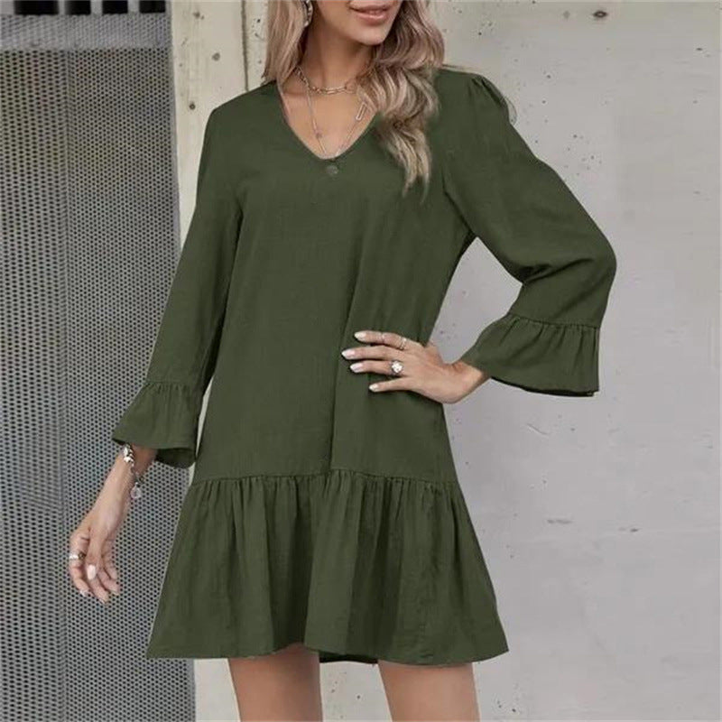 Robe ample à col montant pour femme, couleur unie, plissée, en coton et lin