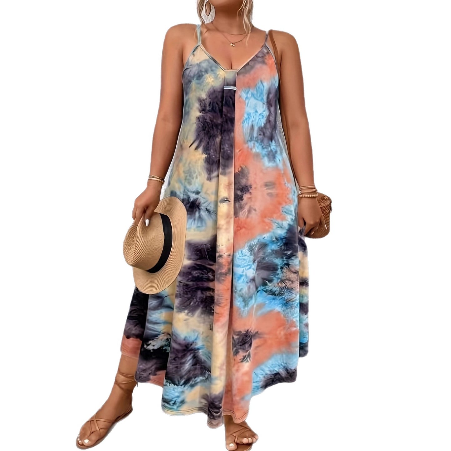 Stylish Summer Casual Loose Sleeveless V-Neck 3D Digital Print Slip Dress