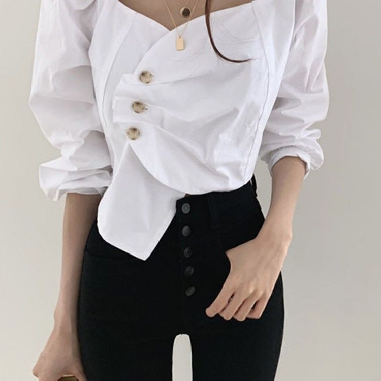 Retro Square Neck Scheming Clavicle Blouse Women