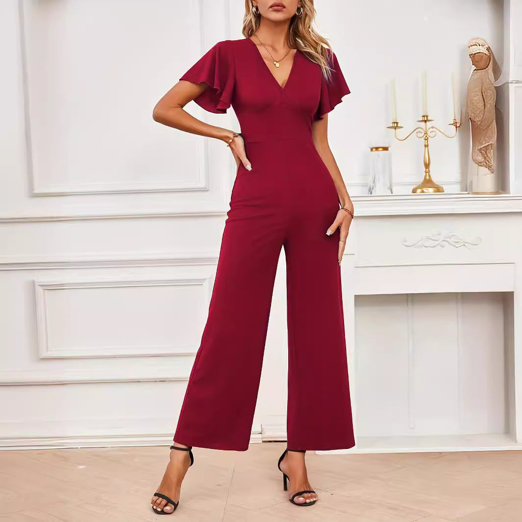Lotus Leaf Flounced Sleeve Top Plus Straight-leg Pants Two-piece Set