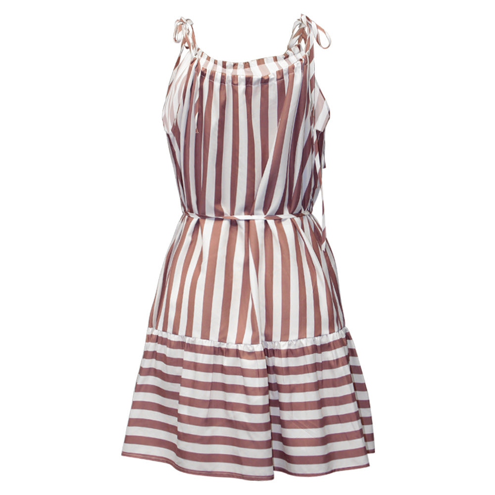 European And American Striped Print Suspender Stitching Casual Dress