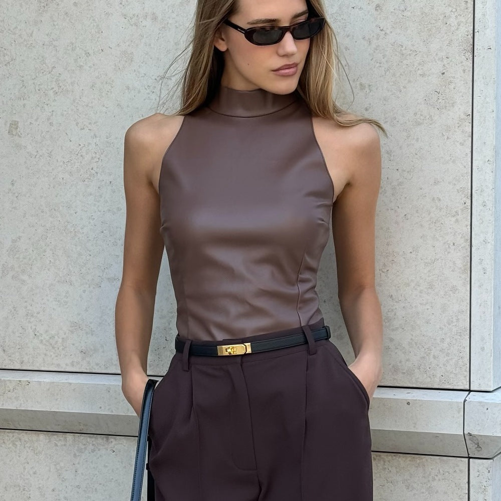 PU Leather Slim-fit Slimming Half Turtleneck Sleeveless Vest