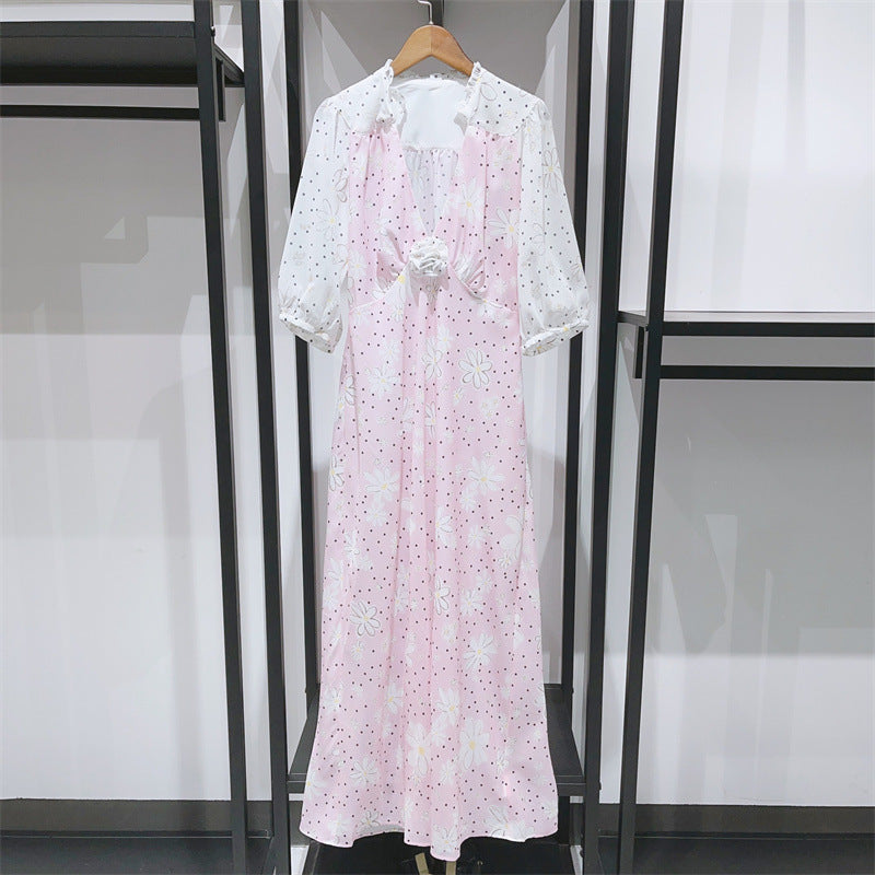 Elegant Spliced Printed Three-dimensional Flowers High Waist Long Dress