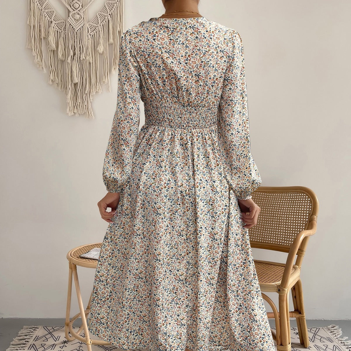 Women's V-neck Floral Print Long Sleeve Dress