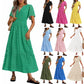 V-neck Hollow Pleated Short Sleeves Long Dress