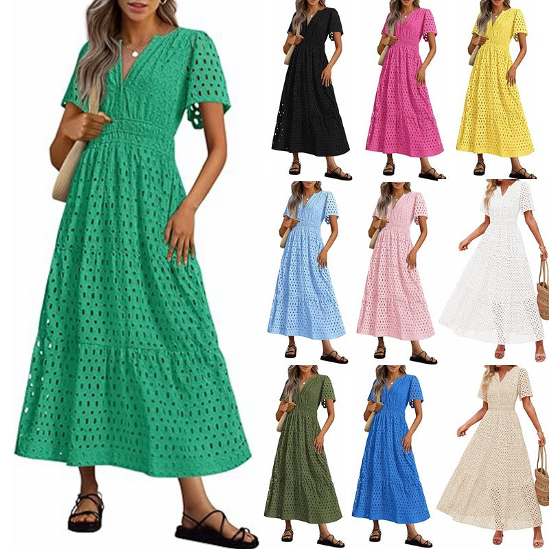 V-neck Hollow Pleated Short Sleeves Long Dress