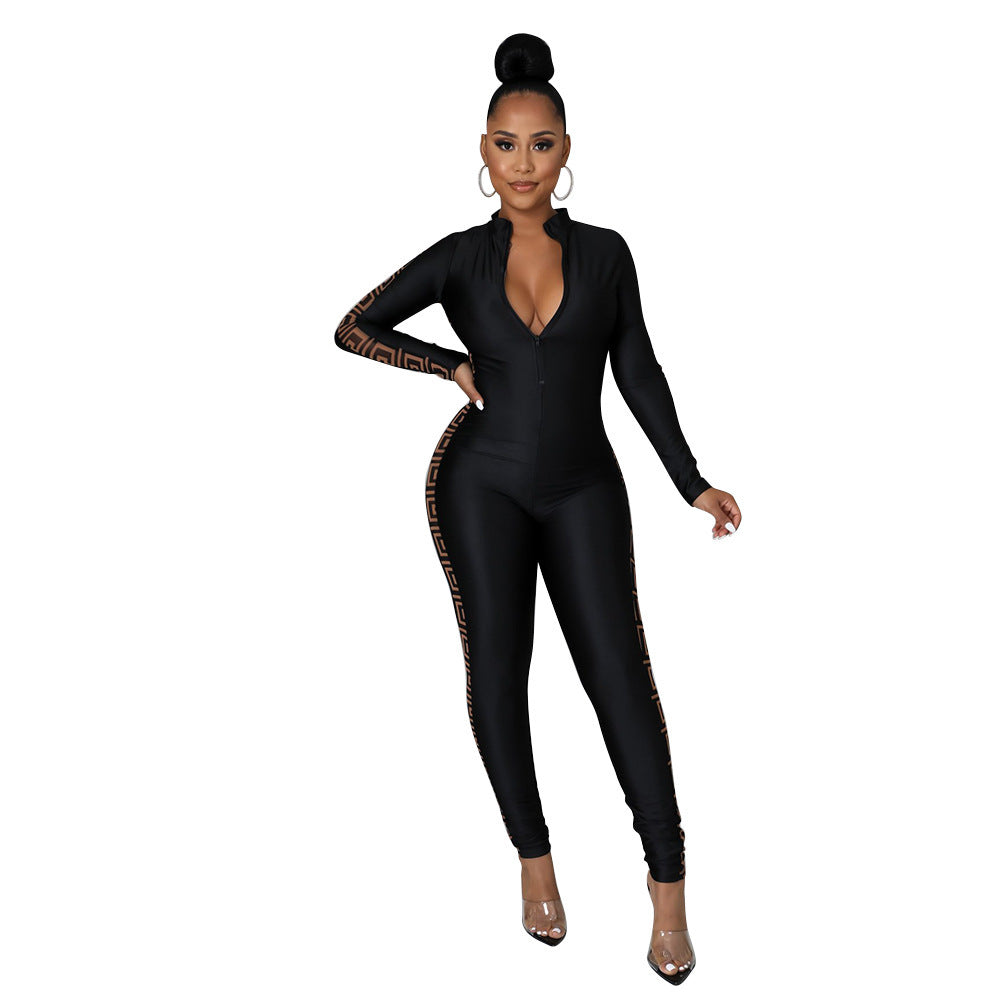 Mesh Print Stitching Long-Sleeved Jumpsuit