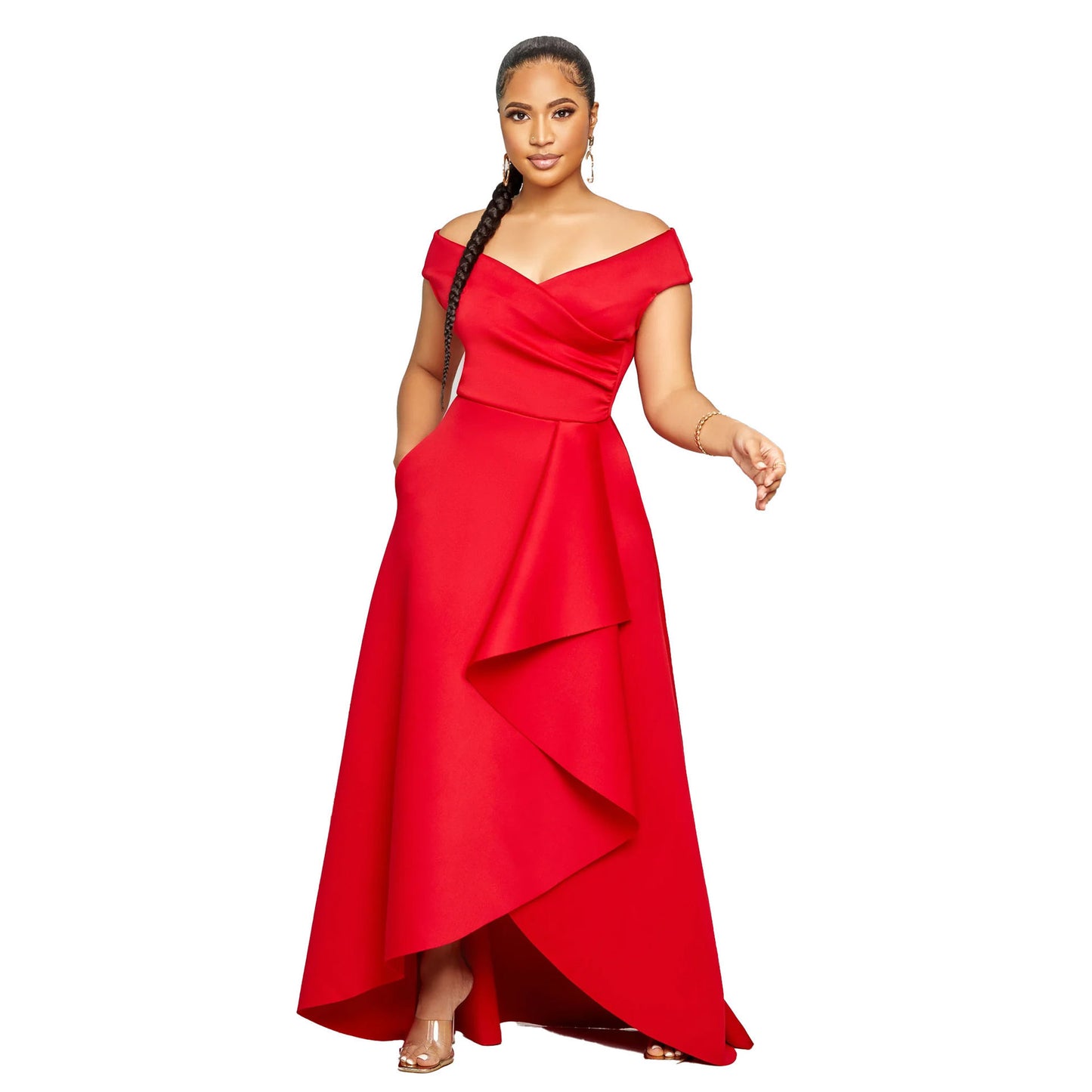 Robe trapèze ample sans manches à épaules dénudées et coupe ajustée de couleur unie