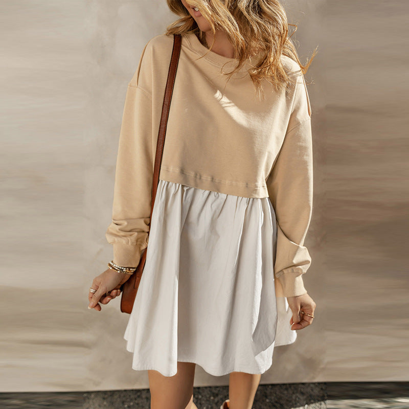 Jupe courte plissée à blocs de couleurs tendance, longueur genou, pour femmes, style européen et américain, robe ample à manches longues