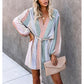 Printed Loose Belt Vertical Stripes Windbreaker Jacket
