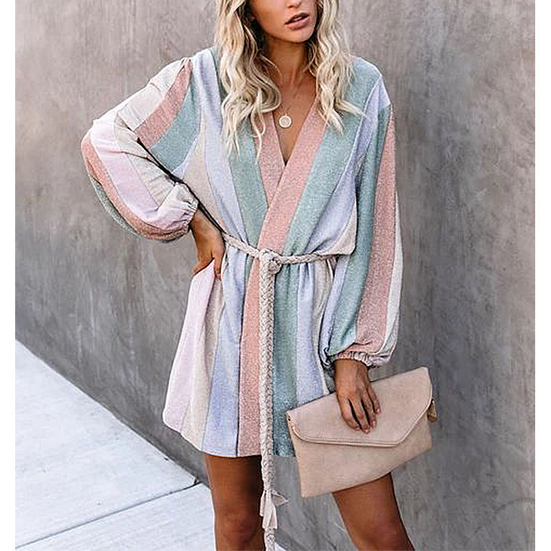 Printed Loose Belt Vertical Stripes Windbreaker Jacket
