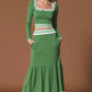 Sporty Retro Striped Square Neck Ruffled Green Cotton T Shirt And Skirt Set