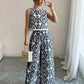 Plant-patterned Crew-neck Sleeveless Top And Wide-leg Pants Set With A Printed Design