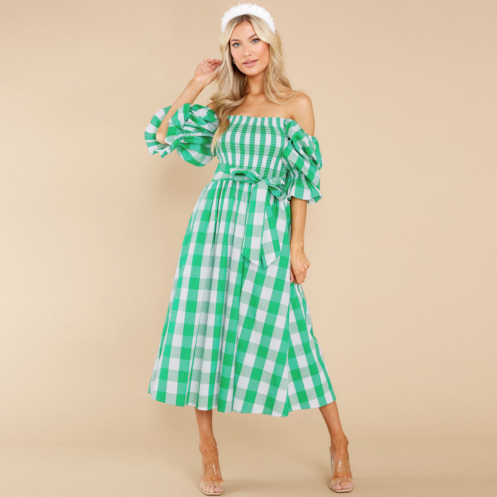 Robe de plage slim à col unique et épaules dénudées, imprimé écossais