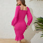 Long Sleeve Square-neck Fishtail Midi Dress