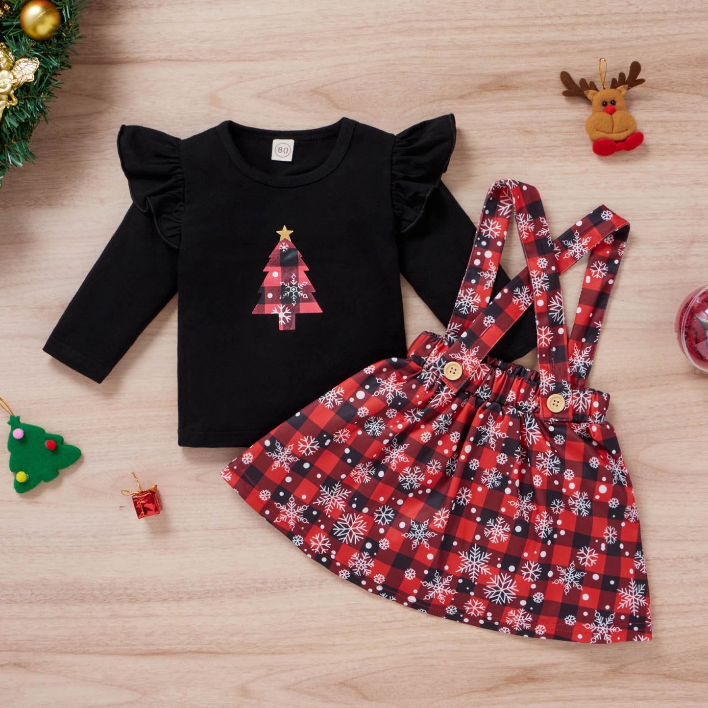 Vêtements de Noël pour bébé fille, t-shirts imprimés, jupes à carreaux