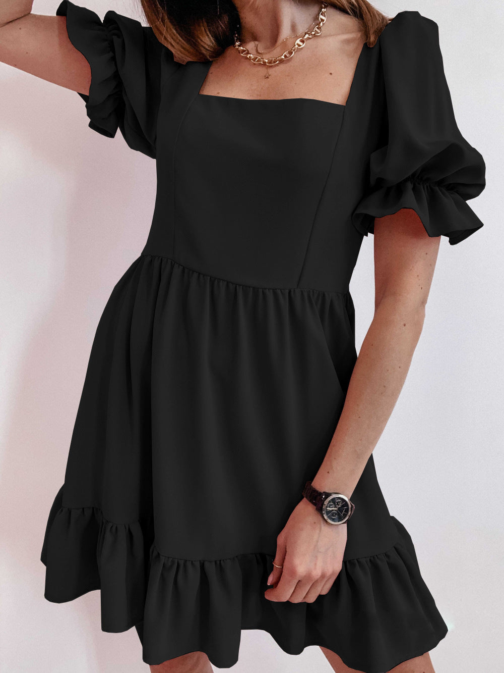 Short Sleeve Stitching Loose Solid Color Dress