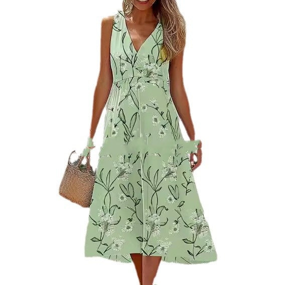 V-neck Patchwork Casual All-match Printed Dress