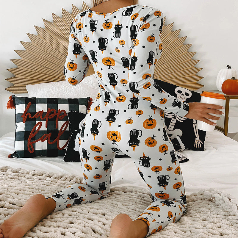 Combinaison imprimée Halloween à manches longues, pyjama pour la maison, pantalon décontracté, vêtements de cosplay pour femmes