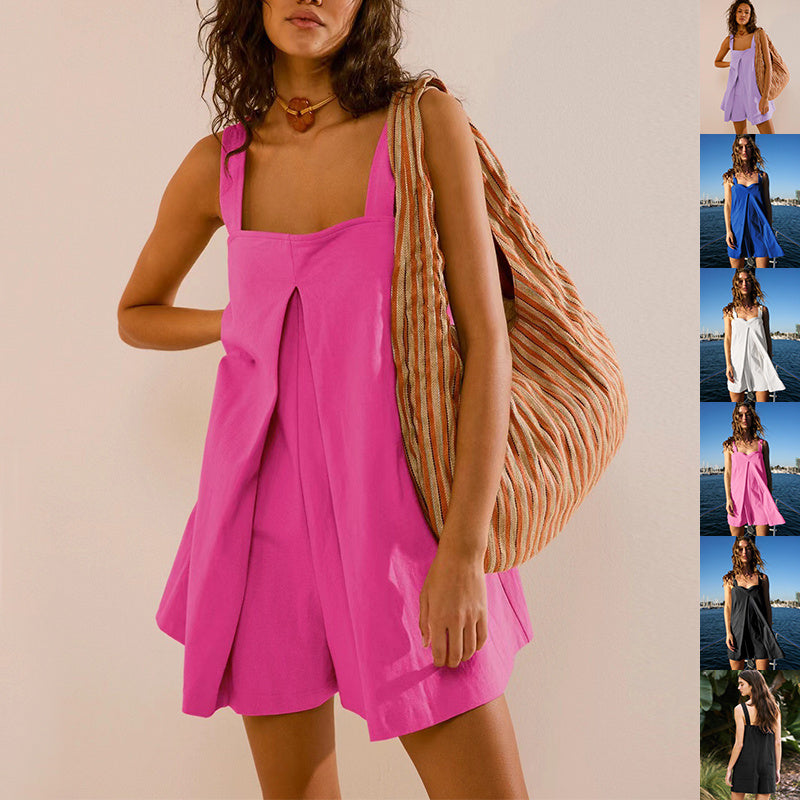 Combinaison ample à col carré et couleur unie, short tendance d'été, jupe à bretelles, pantalon pour femme